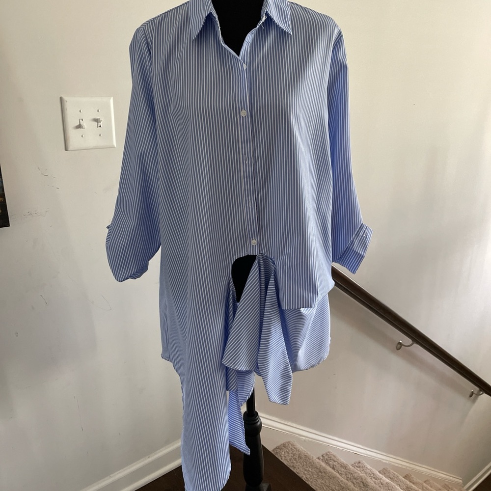 RD & Koko Button Front Shirt Size L Blue White Stripes Asymmetrical Oversized